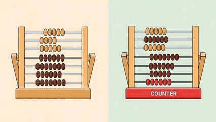 Two wooden abacus illustrations side-by-side on a split background, with brown and light brown beads forming the shape of the number eight (8). © Alvin