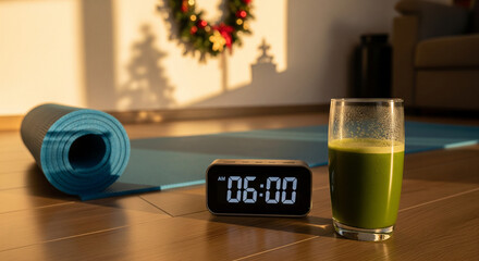 Invigorating home wellness routine featuring yoga mats, a precise timer, and a revitalizing green juice, bathed in warm morning light, ideal for a balanced and healthy start