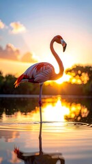 Flamingo stands in shallow water at sunset, beautiful reflection on water