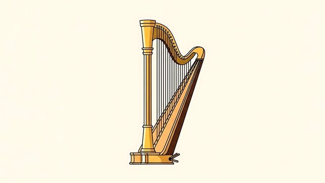 A regal, golden wooden harp with many strings stands against a light background, representing music, elegance, and tradition.