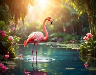 Flamingo stands in tropical water, sunlit, among lush plants and flowers