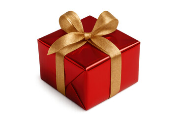 Obraz premium Red gift box with golden ribbon for celebration, giving, surprise, birthday, christmas, holiday present on transparent background
