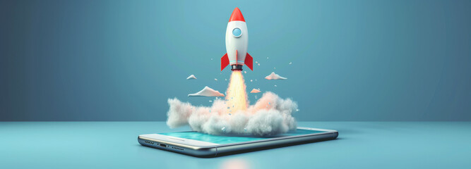 Launching Success: A rocket takes off from a smartphone, symbolizing innovation and technological advancement, set against a vibrant and dynamic backdrop.