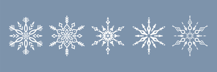 Decorative snowflakes collection. Hand drawn style Festive winter holiday snow decorations for Christmas and New Year. Flat snow flakes set.