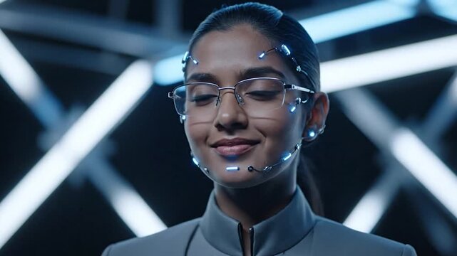 Woman with futuristic facial implants and glasses against a geometric background