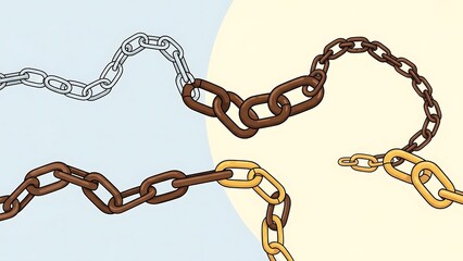 A conceptual illustration of intersecting metal chains in silver, brown, and gold, with one section forming a heart shape, symbolizing connection and love.