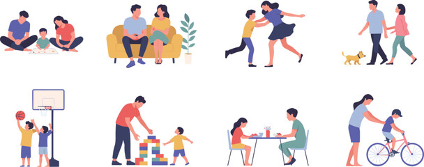 Family activities illustration set, parents and children playing, learning, exercising, spending quality time together, modern flat style parenting and lifestyle artwork