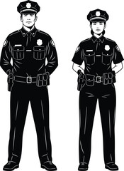 Police officers standing in uniform, male and female partners in law enforcement, professional security personnel, full-length silhouette vector illustration on 