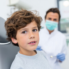 Cute young boy sitting in dental chair with dentist in background