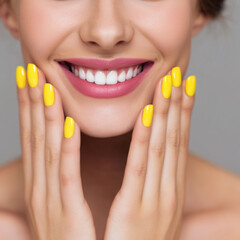Happy young woman with bright yellow manicure touching her face and smiling