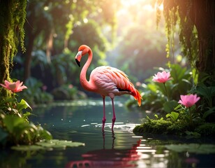 Flamingo wading in water, surrounded by lush tropical greenery and pink lotus flowers