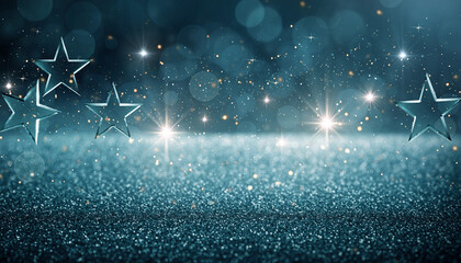 Sparkling glitter background with stars and lights, teal green christmas card shiny bokeh lights, sparkles and stars at night, glowing winter decoration wallpaper