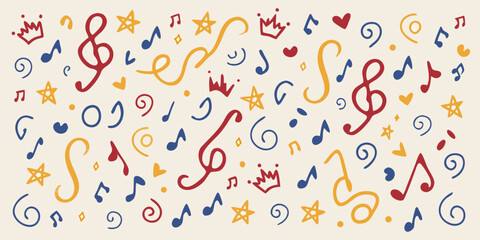 Colorful musical notes crowns stars and hearts create a playful pattern