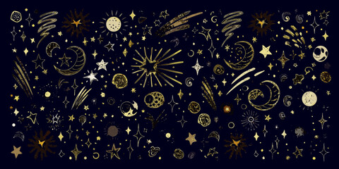 Celestial doodles stars moons comets and sparkling elements on a dark background © Ratan