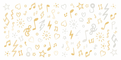 A whimsical pattern of golden musical notes stars and charming decorative elements