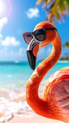 Flamingo with sunglasses on a beach; vibrant colors, bright sun, shallow depth of field