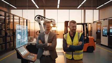 Two men, one in a suit and one in a high-visibility vest, stand in a modern factory with a robotic arm and holographic display, symbolizing industrial innovation and collaboration. - Powered by Adobe
