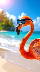 Flamingo with sunglasses on a sunny beach, tropical vacation vibes in vertical format