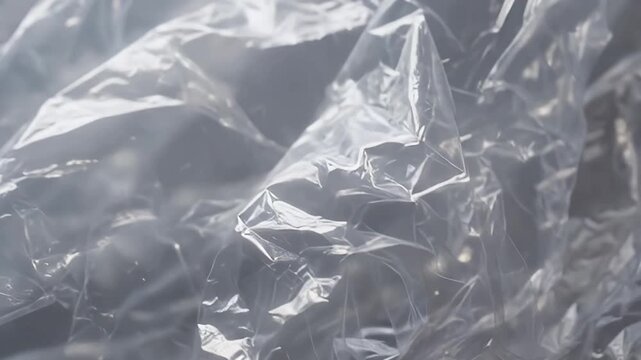 A captivating close-up of translucent, crumpled plastic film, revealing its intricate texture and reflective surface. The delicate folds and subtle creases create a dynamic interplay of light and shad