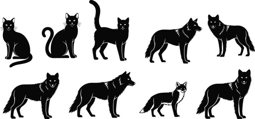 Set of Black Vector Silhouettes of Felines and Canids, Including Domestic Cats, Wolves, and a Fox, Isolated Wildlife and Pet Mammal Illustrations for Graphic Design © Parvej Creatives