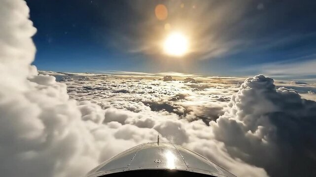 Cinematic POV Flight Above White Clouds Towards Bright Sun.