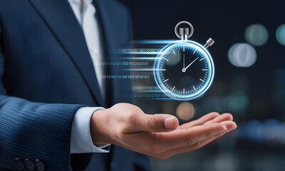 Businessman holding digital stopwatch hologram with binary code for deadline concept.