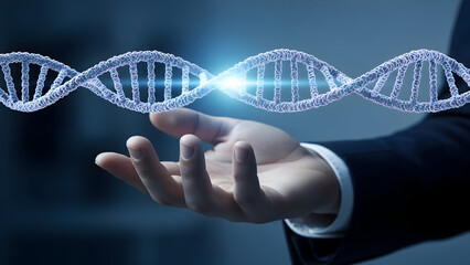 Businessman hand under floating DNA helix structure for biotechnology research.