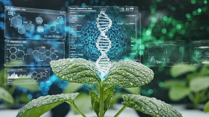 DNA helix above plant futuristic biotechnology research science and innovation concept for genetic engineering. - Powered by Adobe