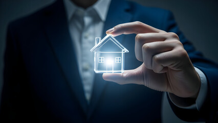 Businessman holding glowing wireframe house icon for smart home technology.