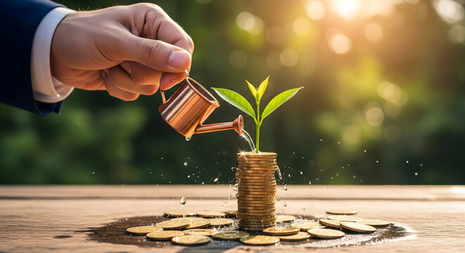 Hand watering stack of gold coins with sprout growing for financial investment concept.