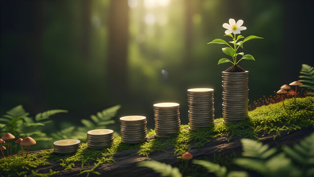 Stack of coins with flower growing on mossy log symbolizing financial prosperity.