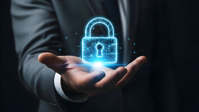 Businessman holding glowing digital padlock hologram for cybersecurity concept.