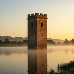 Stone tower in lake at sunrise
