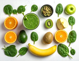 Flat lay green smoothie surrounded by fruit, vegetables, and seeds on a white background