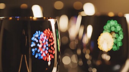 Close up of clock showing passing time and glittering golden particles with city lights reflecting in wine glasses - Powered by Adobe