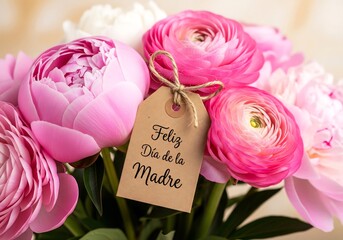 Close-Up Peony Bouquet with &ldquo;Feliz D&iacute;a de la Madre&rdquo; Tag &mdash; Wide Floral Detail for Banner