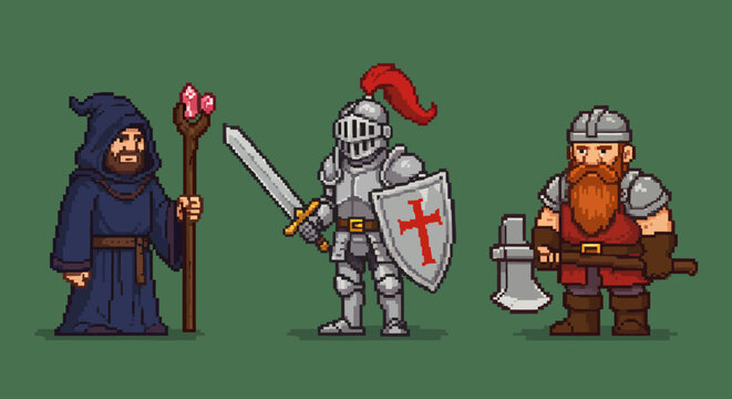 A pixel art trio featuring a mystical wizard, a valiant knight with a sword, and a sturdy dwarf warrior, perfect for retro fantasy game designs.