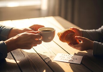 Hands Sharing Mother&rsquo;s Day Breakfast &mdash; Cozy Morning Scene &mdash; Wide Lifestyle Shot