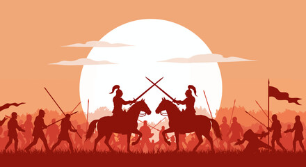 Medieval War Battle Sunset Silhouette: Knights on Horseback Fighting with Swords and Spears Vector.