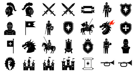 Obraz premium Medieval Knight and Fantasy Black Icons Set: Helmets, Swords, Shields, Dragons, Castles, and Flags Silhouettes.