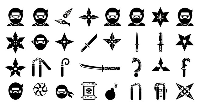 Set of Ninja and Shinobi Black Icons: Shuriken, Katana, Nunchaku, and Masks Weapon Silhouettes.