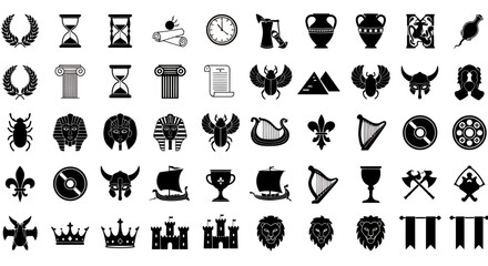 Black Icons of Ancient History, Medieval Ages, and Heraldry: Crowns, Ships, Pharaohs, Hourglasses, and Shields Vector Set.