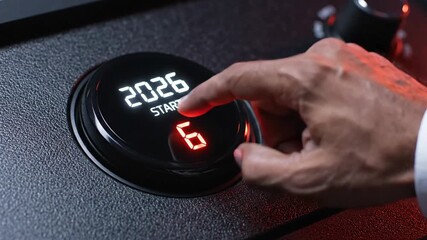 Person activates futuristic digital countdown timer with button - Powered by Adobe