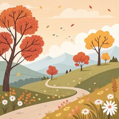 A beautiful autumn landscape with a winding road and trees in the background