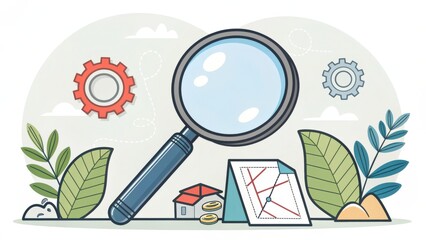 A magnifying glass is on a table with a house, a map, and some coins