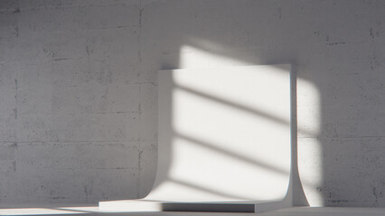 Minimal 3D scene with curved white backdrop and concrete texture. Ideal for product display, branding, and modern design mockups with natural light and shadow play.