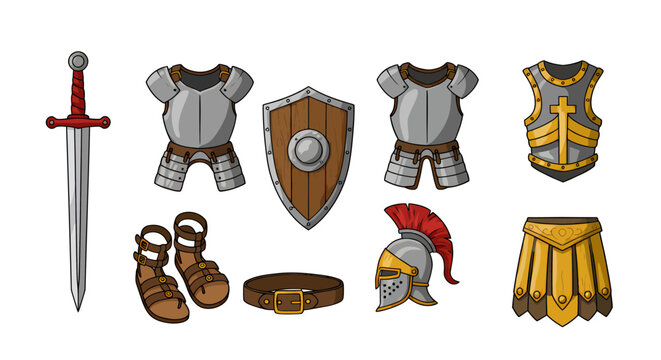 Set of Medieval and Roman Warrior Equipment Icons: Sword, Armor, Shield, Helmet, and Sandals Vector.