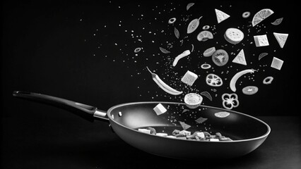 A pan of food is falling out of a pan and into the air