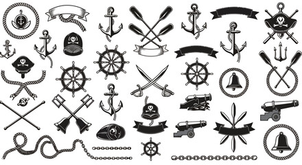 A comprehensive collection of vintage nautical and pirate-themed vector icons, perfect for maritime adventures, treasure maps, and classic seafaring designs.