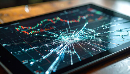 Shattered Investment: A cracked tablet screen displays a chart illustrating financial decline, symbolizing losses and economic instability. 